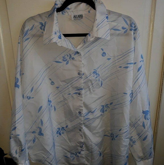 White Button down Blouse with Blue flowers - Picture 1 of 3